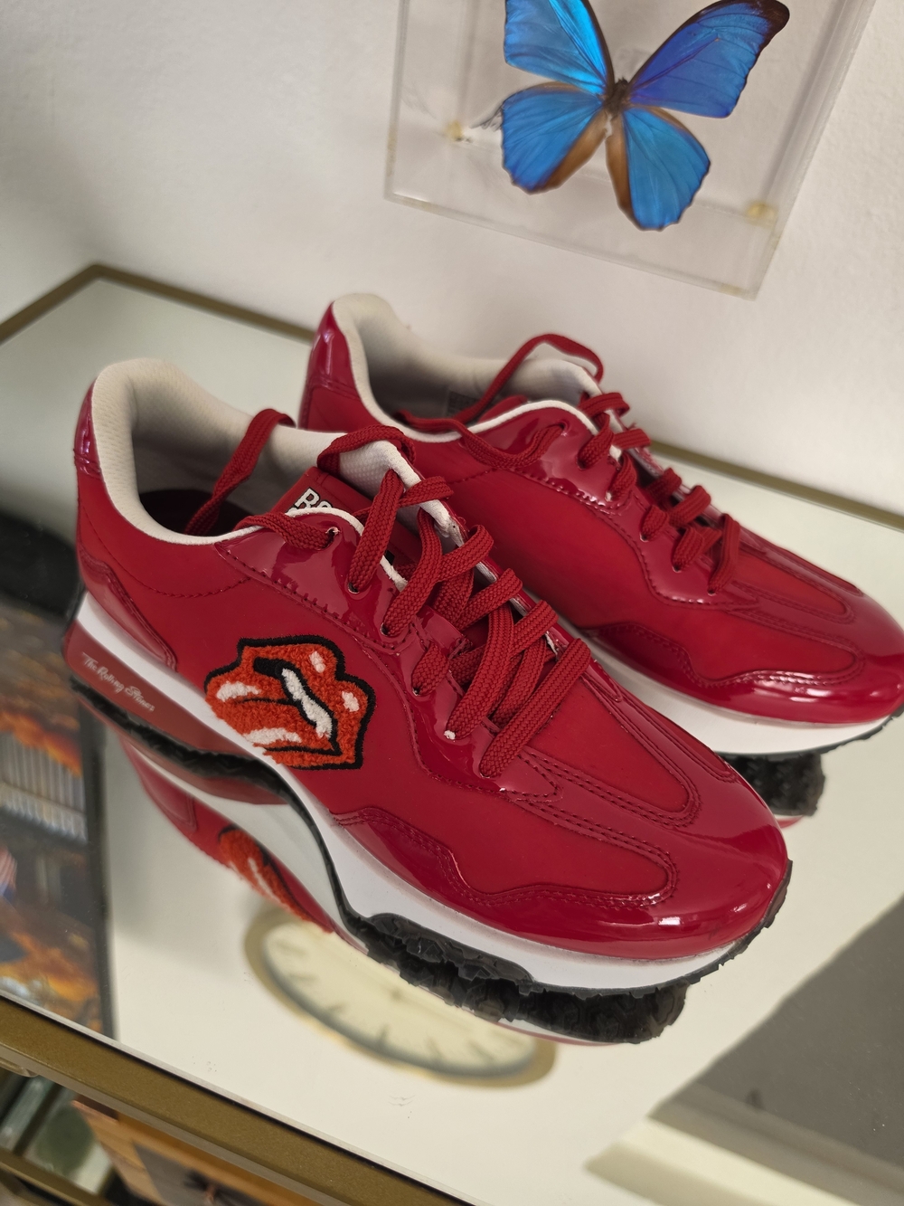 Sketchers ROLLING STONES Red Patent Leather Sneakers with Tongue Patch - (Brand)